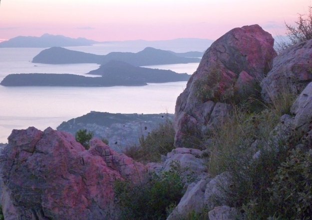 The southern Dalmatian Islands at dusk as seen from Srđ above Dubrovnik.